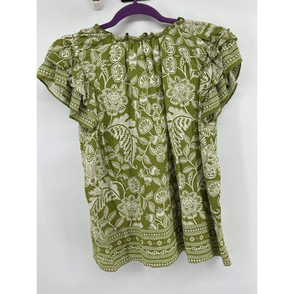 Rose + Olive Shirt Womens L White Green Blouse Floral Tassels Flutter Sleeve Top - Picture 6 of 6